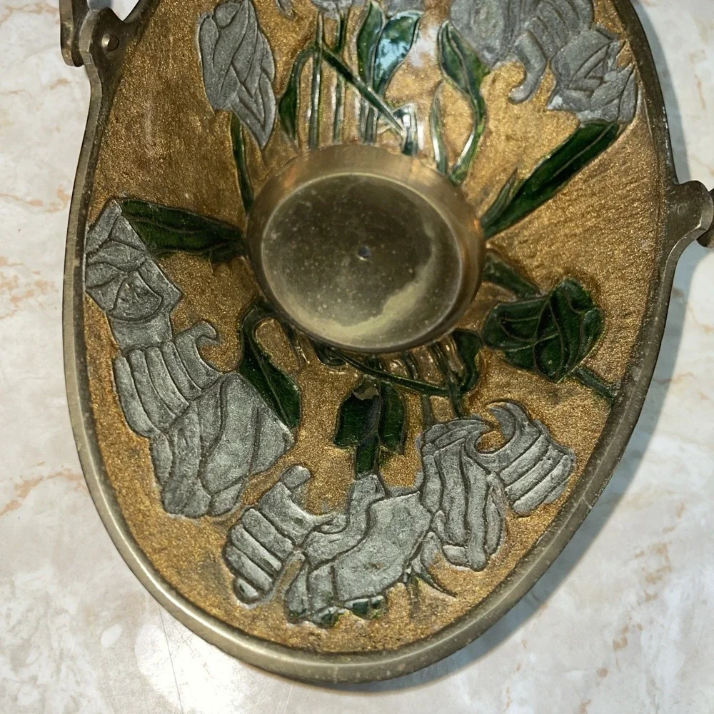 Rare Vintage Brass &Enamel‎ Cloisonne handled trinket bowl BEAUTIFUL